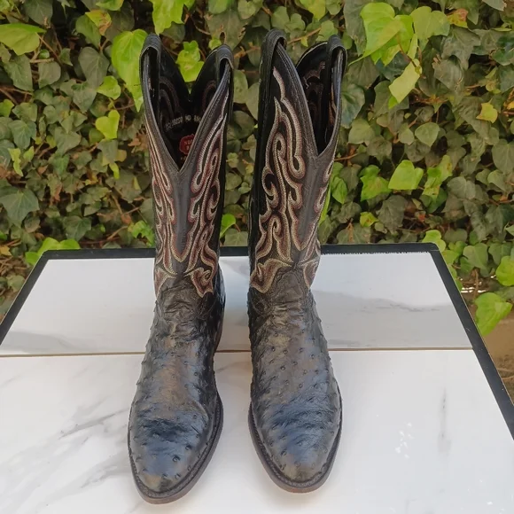 Nocona Full Quill Ostrich Western Boots Size 9.5 D Black/Red - Picture 2 of 12